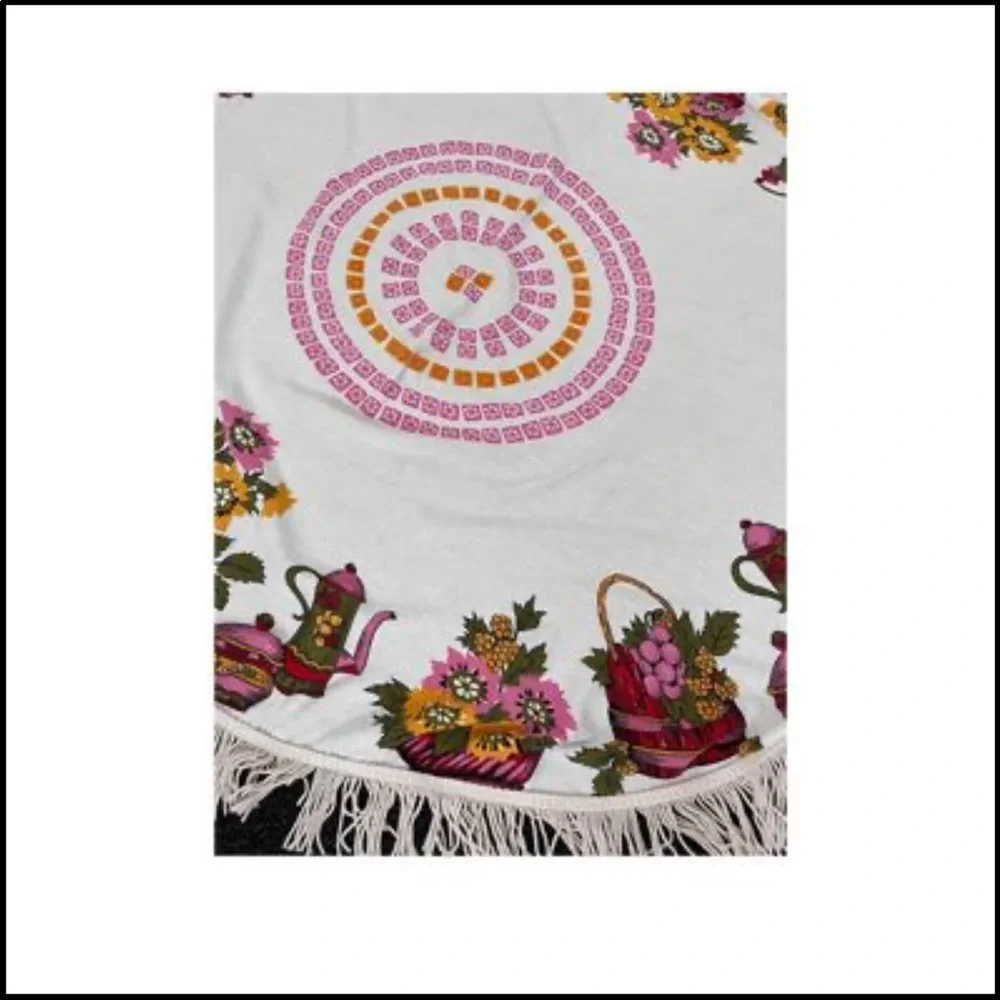 Mid Century Tablecloth ROUND Fringe Tea Pot Kitchen Boho Cottagecore Vintage